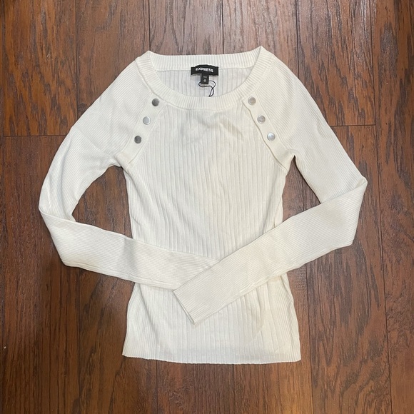Express White Ribbed Button Shoulder Sweater - Picture 2 of 6
